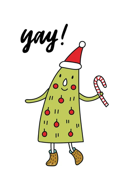 Cartel de Año Nuevo - Personaje de árbol de Navidad con decoraciones y letras dibujadas a mano —  Fotos de Stock