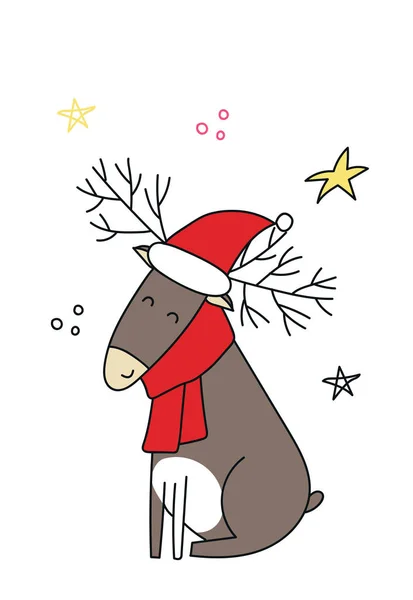 Biglietto di Natale e Capodanno con simpatico animale cervo nel cappello di Babbo Natale. Bambini illustrazione vettoriale — Foto Stock