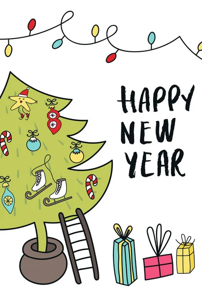 Yeni yıl poster - yılbaşı ağacı süsleri, hediye kutuları ve elle çizilmiş yazı ile. — Stok fotoğraf