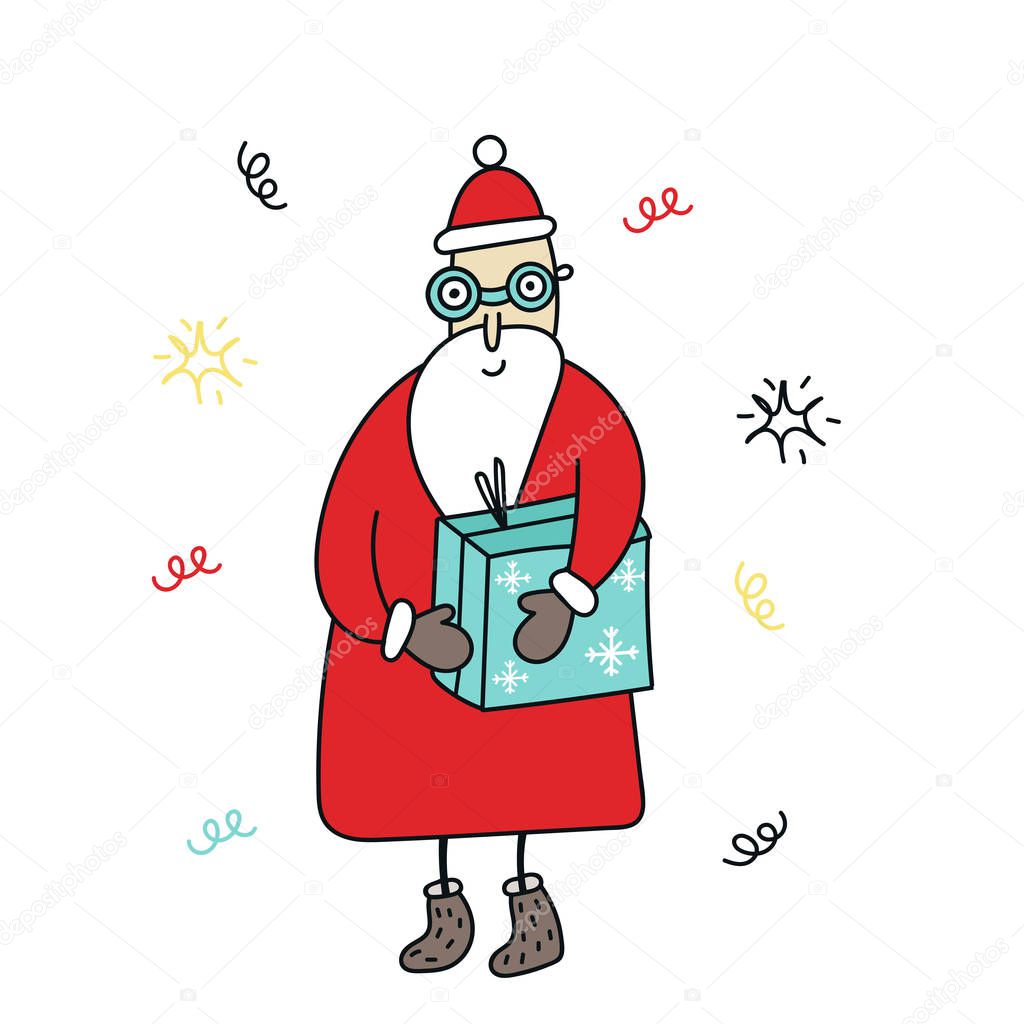 New Year card - Santa with a gift. Cute and fun vector illustration