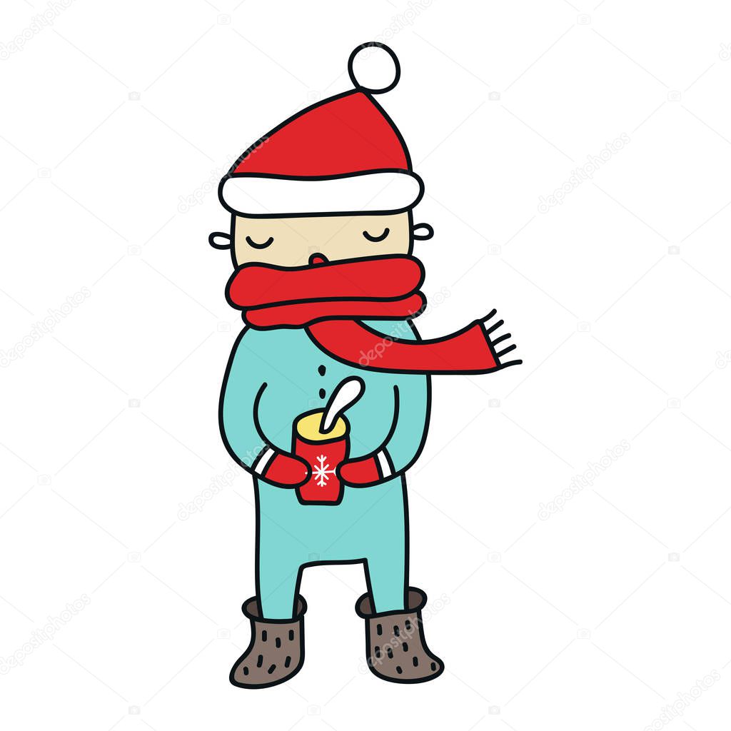Christmas and New Year card with cute little boy santa with a cup of tea. Kids vector illustration