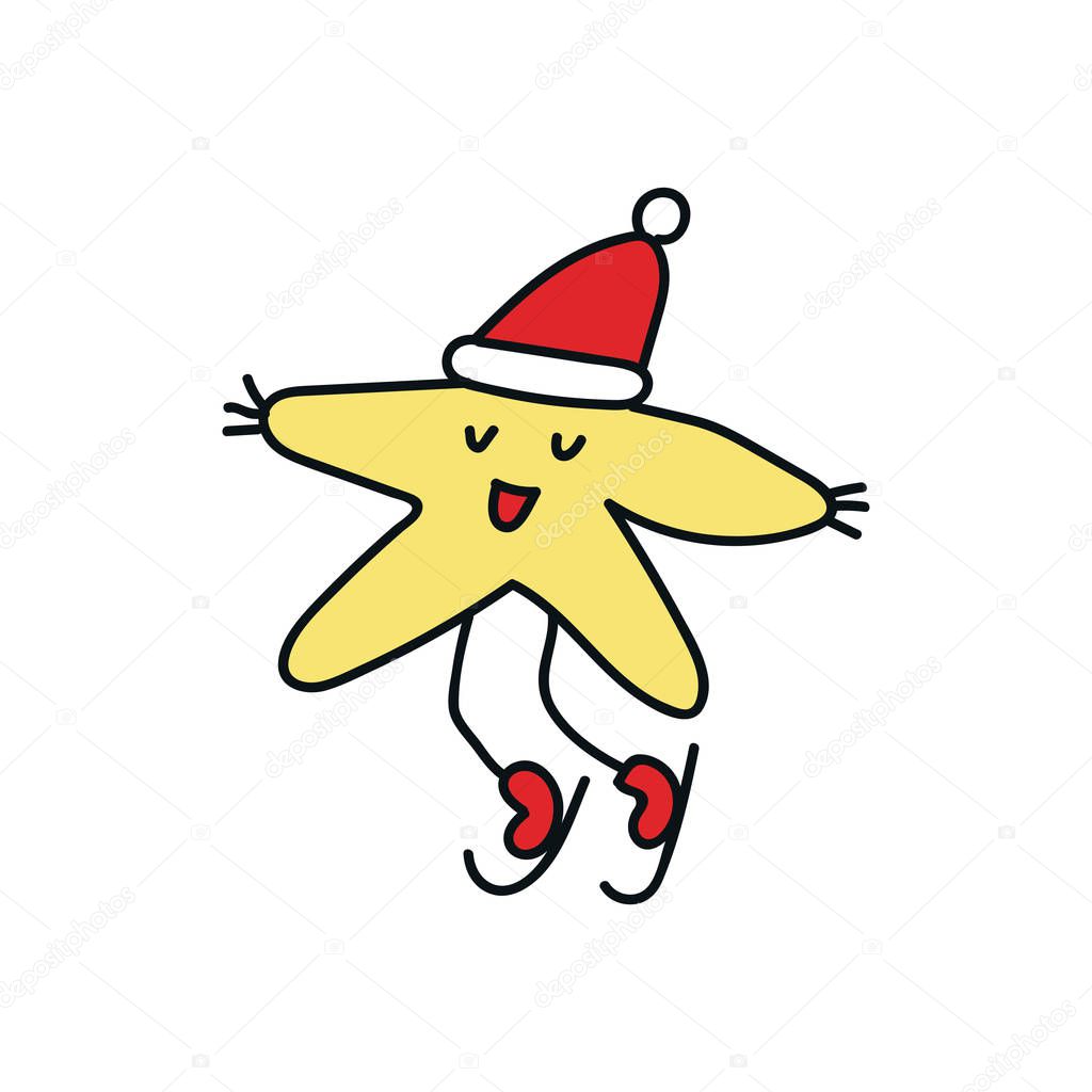 New Year illustration with Christmas star character in Santa's hat and with decorations. Kids vector illustration
