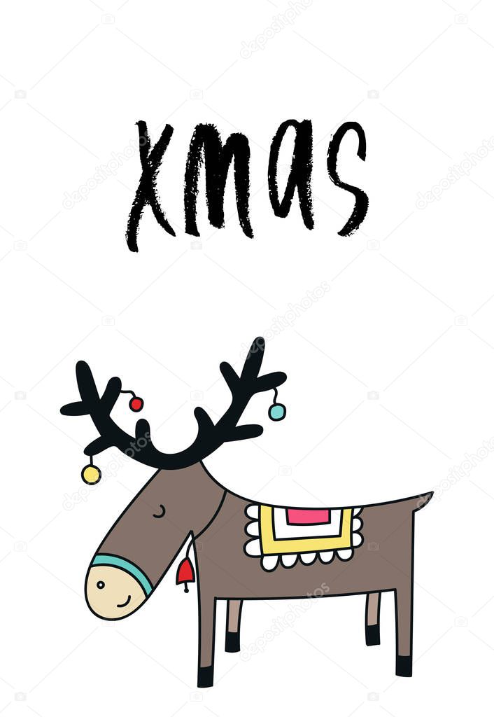 Christmas and New Year card with cute deer animal. Kids vector illustration