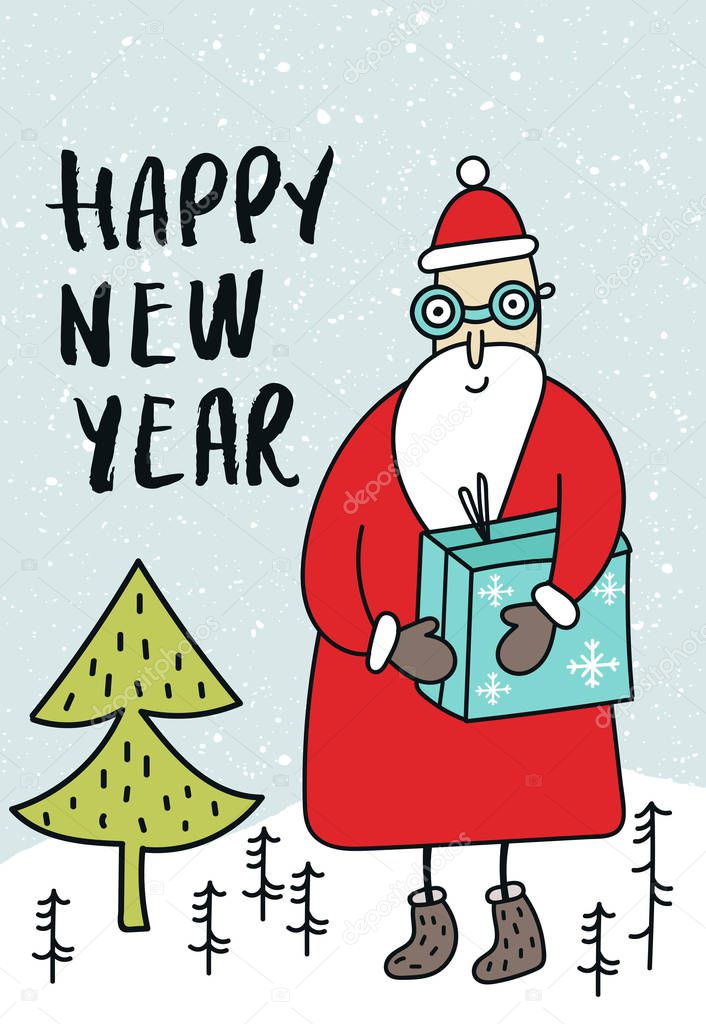 New Year card with cute and fun Santa with a gift, hand drawn lettering.