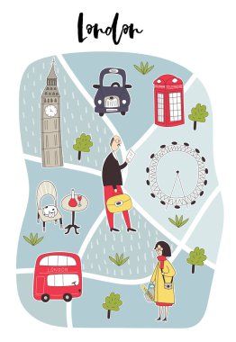 Resimli harita Londra sevimli ve eğlenceli ile çizilmiş karakterler, bitkiler ve öğeleri ver. Renk vektör çizim