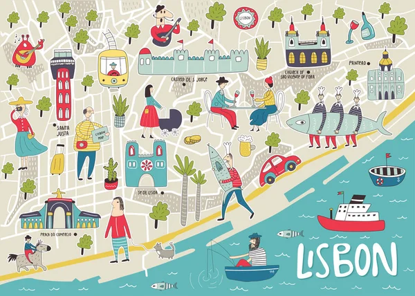 Mappa illustrata di Lisbona con simpatici e divertenti personaggi disegnati a mano, piante ed elementi locali. Illustrazione vettoriale a colori — Vettoriale Stock