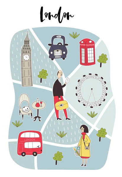 Mapa ilustrado de Londres con personajes, plantas y elementos dibujados a mano lindos y divertidos. Ilustración del vector de color — Vector de stock