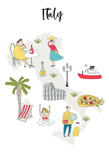 Mapa ilustrado da Itália com personagens bonitos e divertidos desenhados à mão, plantas e elementos. Ilustração vetorial de cores —  Vetores de Stock