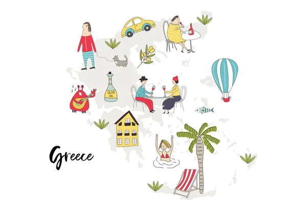 Bebilderte Landkarte von Griechenland mit niedlichen und lustigen handgezeichneten Figuren, Pflanzen und Elementen. Farbvektorillustration — Stockvektor