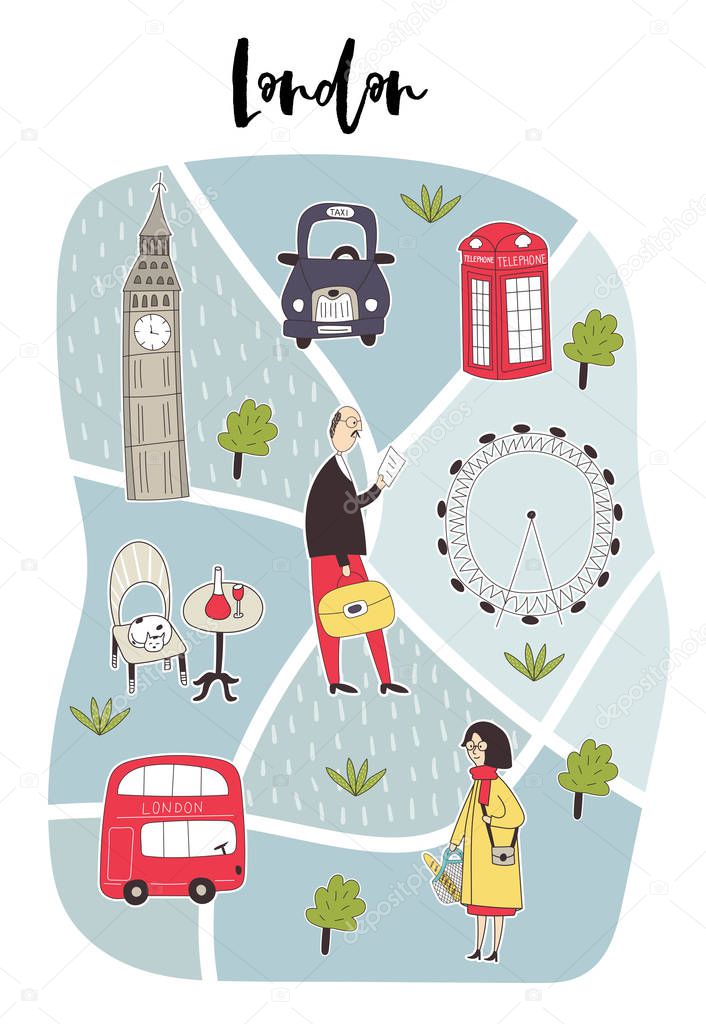 Illustrated Map of London with cute and fun hand drawn characters, plants and elements. Color vector illustration