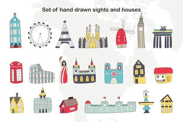Una grande serie di cartoni animati disegnati a mano edifici e attrazioni dell'Europa e di altri paesi. Illustrazione vettoriale — Vettoriale Stock