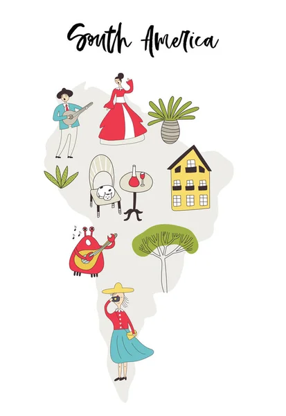 Mapa ilustrado de América del Sur con divertidos personajes, plantas y elementos dibujados a mano. Dibujos animados vector de color ilustración — Vector de stock