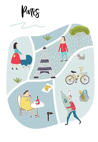 Carte illustrée de Paris avec des personnages, plantes et éléments dessinés à la main mignons et amusants. Illustration vectorielle couleur — Image vectorielle