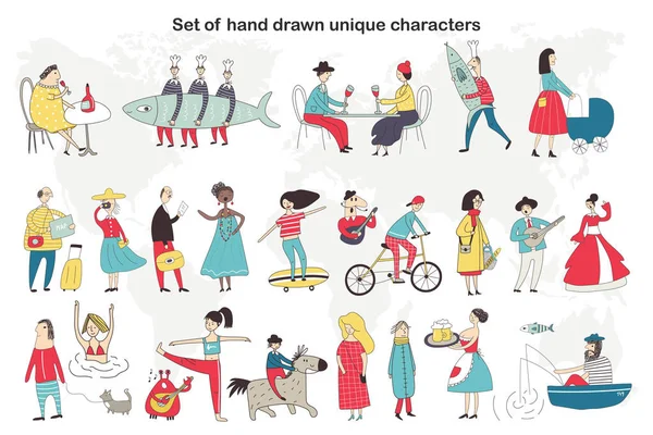 Gran conjunto de personajes de dibujos animados dibujados a mano lindo y divertido que hacen diferentes cosas. Ilustración vectorial — Vector de stock