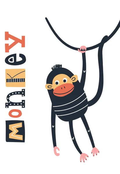 Roztomilá a zábavná děcka ručně kreslené dětské plakáty s opičí zvířátko a nápisy. Barevný vektorový obrázek. — Stockový vektor