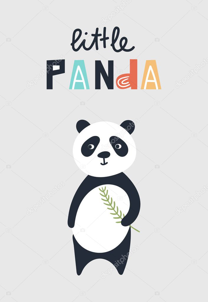 Little Panda - Cute kids hand drawn nursery poster with panda bear animal and lettering. Color vector illustration.