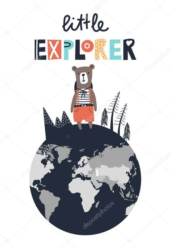 Little explorer - cute and fun hand drawn nursery poster with lettering and little bear on the globe.