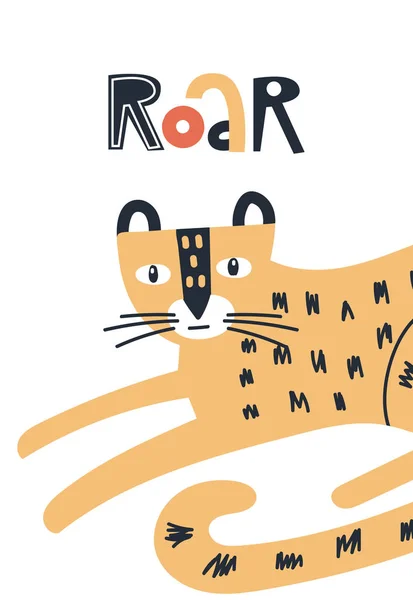 Brüllen - niedliche Kinder handgezeichnetes Kinderzimmer-Poster mit Leoparden-Tier und Schriftzug. Farbvektorillustration. — Stockvektor