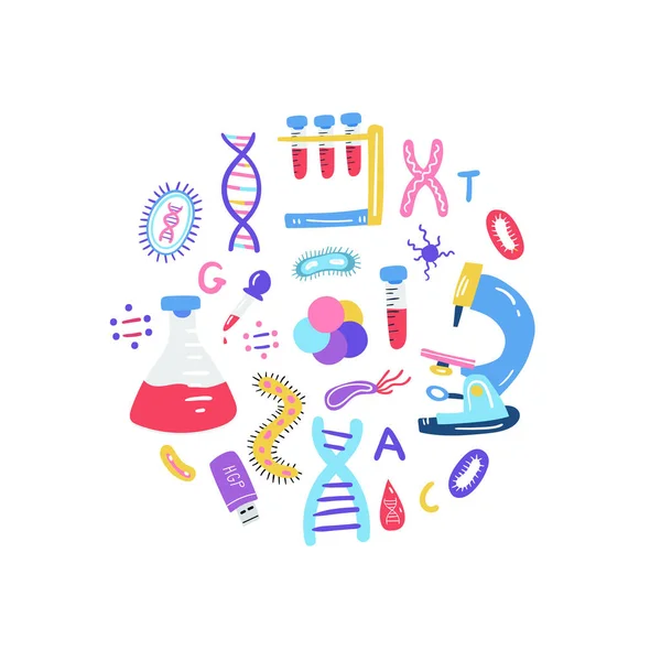 Concept de séquençage du génome dessiné à la main. Symboles humains de technologie de recherche ADN . — Image vectorielle