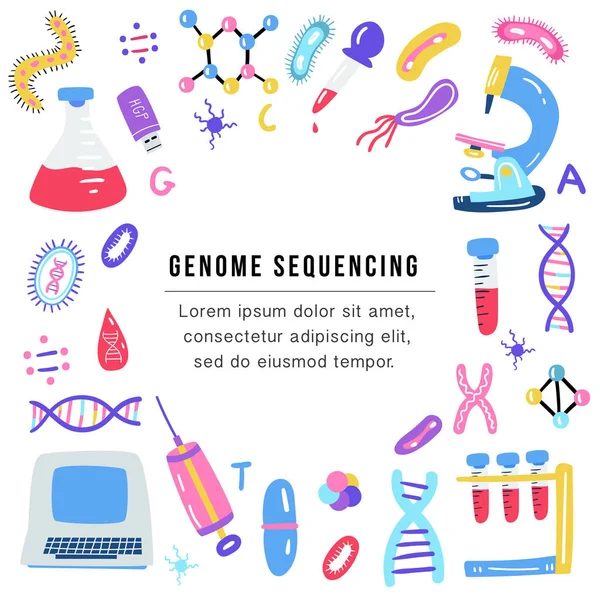 Ręcznie rysowane genomu sekwencjonowania koncepcja. Ludzkiego dna badania technologii symboli. — Wektor stockowy