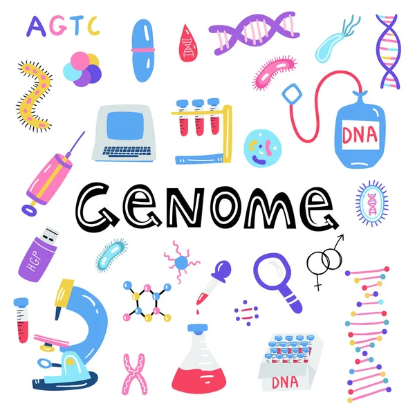 Ręcznie rysowane ilustracja sekwencjonowania genomu. Ludzkiego dna badania technologii symboli. — Wektor stockowy