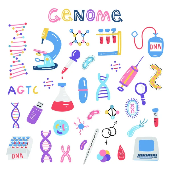 Handritad genomet sekvensering illustration. Människans dna forskning teknik symboler. — Stock vektor