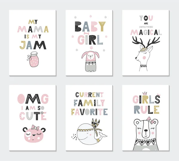 Çocuklar kartları sevimli hayvanlar ve yazı ile topluluğu. Kreş posterler için mükemmel. Vektör çizim.