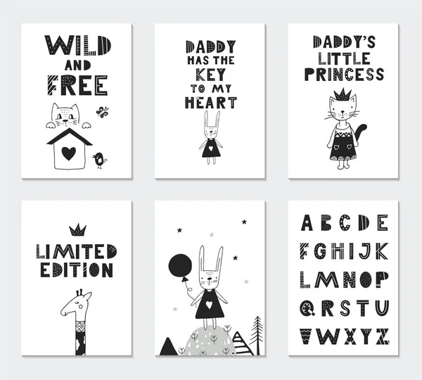 Çocuklar kartları sevimli hayvanlar ve yazı ile topluluğu. Kreş posterler için mükemmel. Vektör çizim.