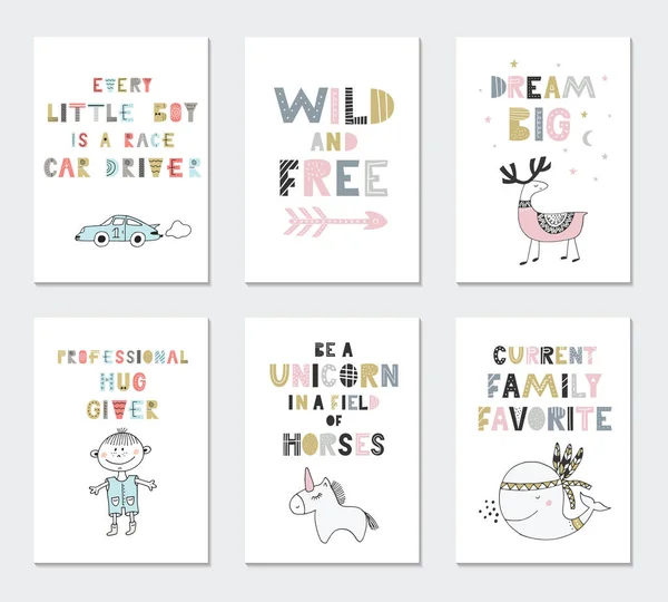 Çocuklar kartları sevimli hayvanlar ve yazı ile topluluğu. Kreş posterler için mükemmel. Vektör çizim.