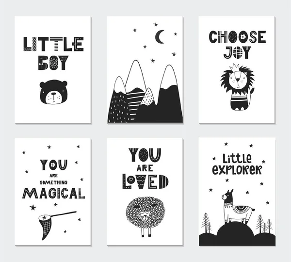 Çocuklar kartları sevimli hayvanlar ve yazı ile topluluğu. Kreş posterler için mükemmel. Vektör çizim.