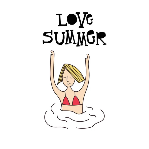 Amor verano - Ilustración vectorial dibujado a mano con letras. Chica en un traje de baño rojo se baña en el mar — Archivo Imágenes Vectoriales