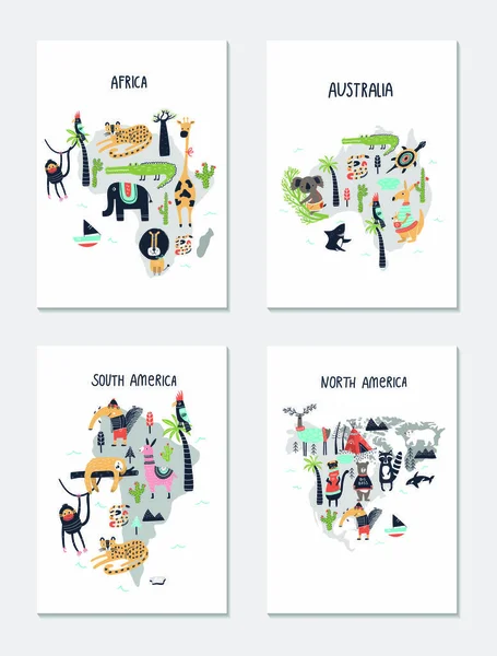 Un conjunto de cuatro tarjetas para niños con un mapa de los continentes del mundo y lindos animales de dibujos animados . — Archivo Imágenes Vectoriales