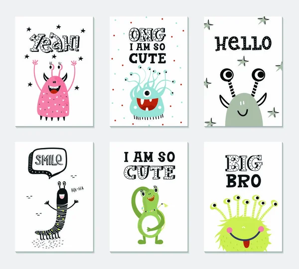 Collection of children cards with cute monsters and lettering. Perfect for nursery posters. Vector illustration. — Stock Vector