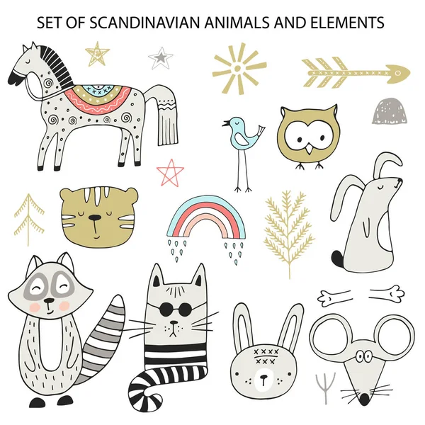 Grote set van verschillende cartoon dieren. Cute handdrawn Kids clip art collectie. Vector illustratie — Stockvector