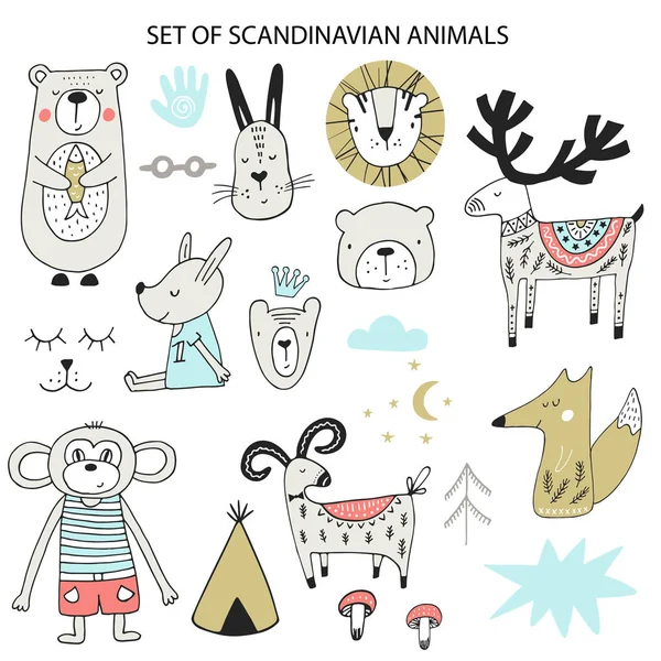 Farklı karikatür hayvanların büyük bir dizi. Sevimli handdrawn çocuklar küçük resim koleksiyonu. Vektör Illustration