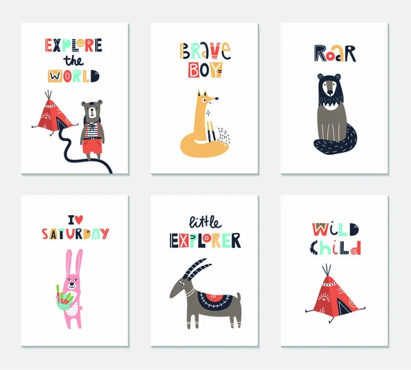 Sammlung von Kinderkarten mit niedlichen Tieren und Schriftzügen. perfekt für Kinderzimmer-Poster. Vektorillustration. — Stockvektor