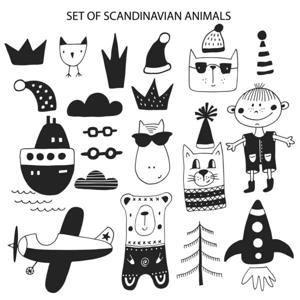 Grote set van verschillende cartoon dieren. Cute handdrawn Kids clip art collectie. Vector illustratie — Stockvector