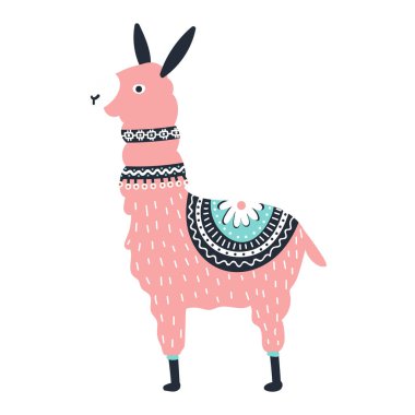 Sevimli çocuklar elle lama hayvan ile kreş posteri çizilmiş. Renk vektör illüstrasyonu.