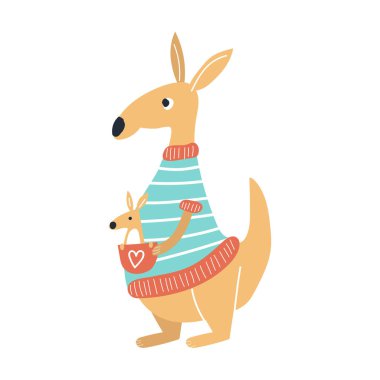 Sevimli çocuklar el kanguru hayvan ile kreş posteri çizilmiş. Renk vektör illüstrasyonu.