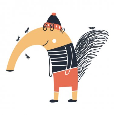 Sevimli çocuklar karınca yiyen hayvan ile kreş posteri çizilmiş. Renk vektör illüstrasyonu.