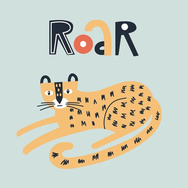 Gebrüll - niedliches, handgezeichnetes Kinderzimmer-Poster mit Jaguar-Tier und Schriftzug. Farbvektorillustration. — Stockvektor