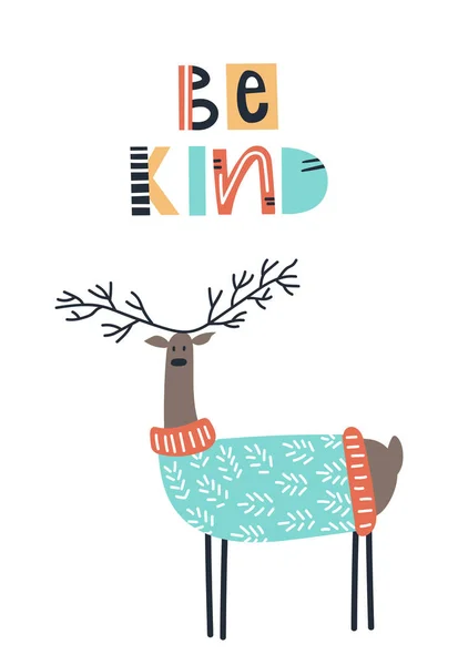 善良 - 可爱的孩子手绘的苗圃海报与鹿动物和字母。颜色矢量插图. — 图库矢量图片