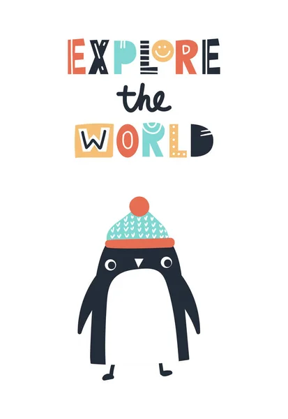 Erkunden Sie die Welt - niedliche und lustige Kinderposter mit Pinguin-Tier und Schriftzug. — Stockvektor