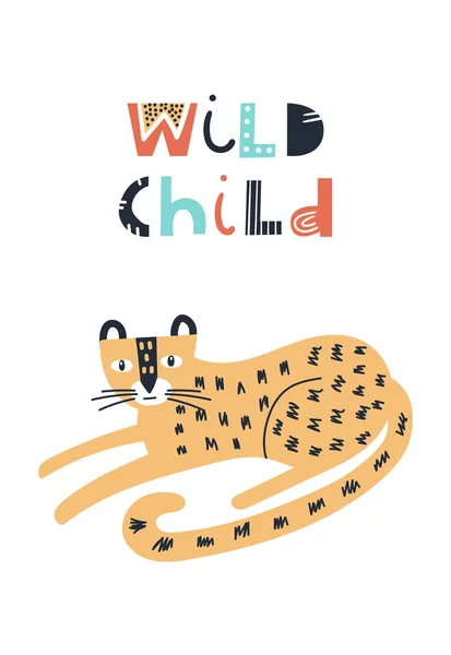 Dzikie dziecko - słodkie dzieci ręcznie rysowane plakat przedszkola z jaguar zwierząt i liternictwa. Ilustracja wektora koloru. — Wektor stockowy