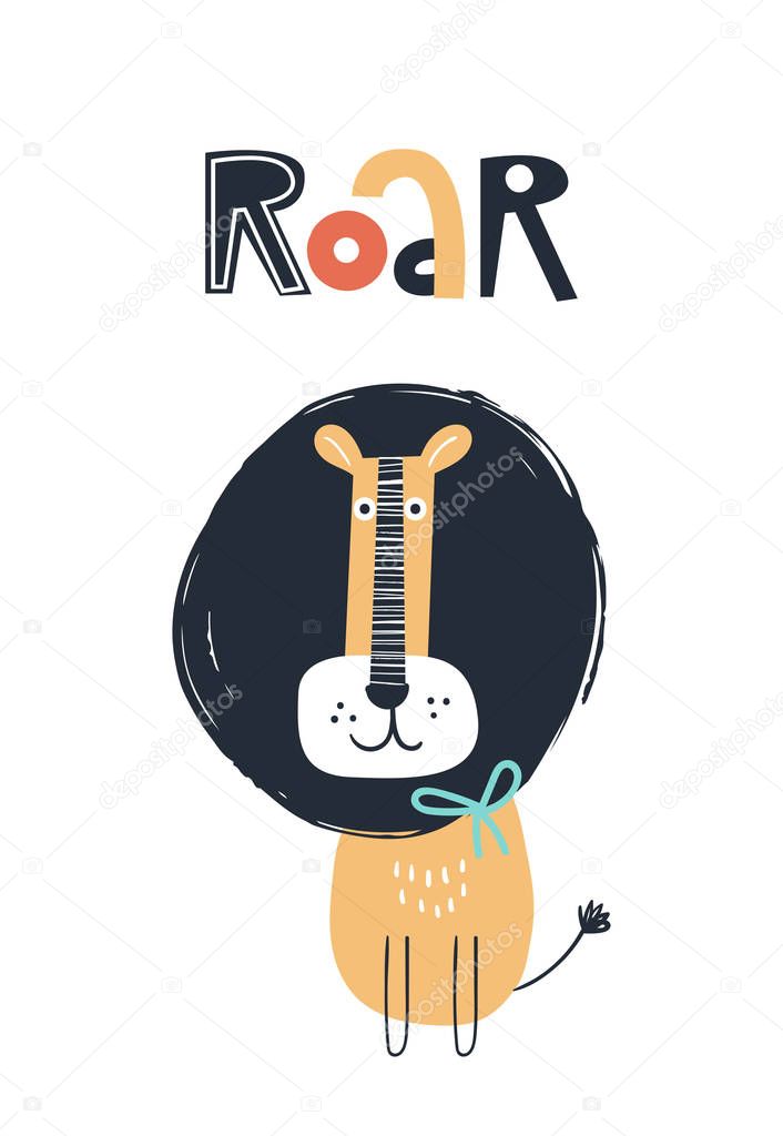Roar - Cute kids hand drawn nursery poster with lion animal and lettering. Color vector illustration.