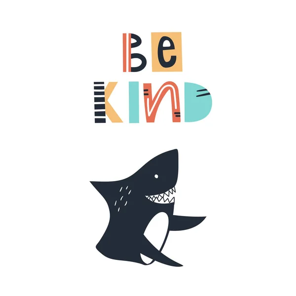 善良 - 可爱的孩子手绘的苗圃海报与鲨鱼动物和字母。颜色矢量插图. — 图库矢量图片