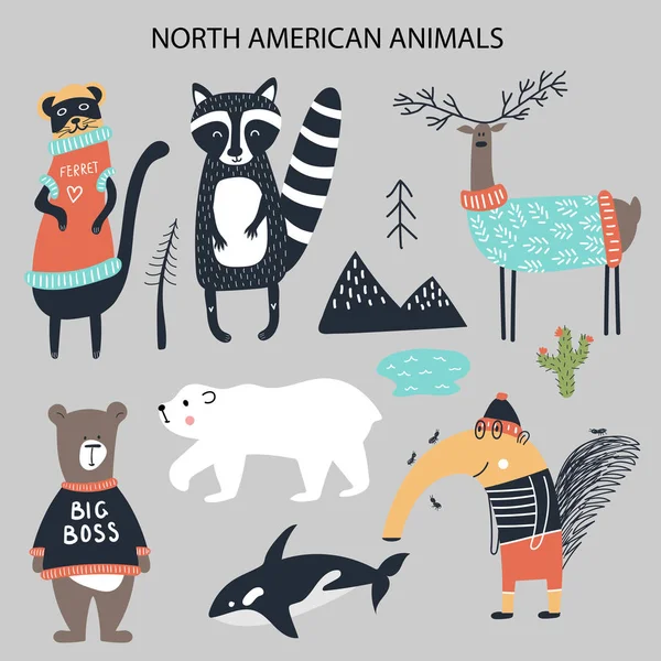Set of diferent cartoon North American animals. Cute handdrawn kids clip art collection. Vector illustration — Stock Vector