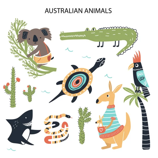 Conjunto de diferentes desenhos animados animais australianos. Bonito crianças desenhadas à mão clip coleção de arte. Ilustração vetorial —  Vetores de Stock