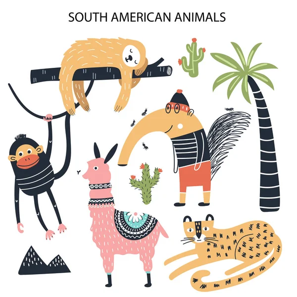 Set of diferent cartoon South American animals. Cute handdrawn kids clip art collection. Vector illustration — Stock Vector