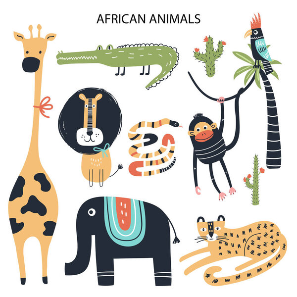 Set of diferent cartoon African animals. Cute handdrawn kids clip art collection. Vector illustration